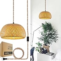 Handmade Pendant Light with Plug in Cord 11.8 Inch Bamboo Ceiling Lamp Natural Rattan Hanging Lighting Fixture with Hemp Rope Woven Chandelier Bowl Shape