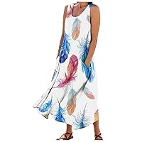 Womens Dresses Cotton Linen Maxi Dress Sleeveless Tank Dress U Neck Bohemian Color Dress with Pockets Resort Wear
