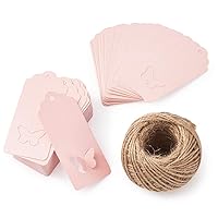 Pandahall 100pcs/Set Pink Butterfly Gift Tags with Holes Rectangle Paper Tags with Hemp Cord for Christmas Birthday Wedding Party Favor Gifts Decoration Arts DIY Crafts 1.8”x3.5”