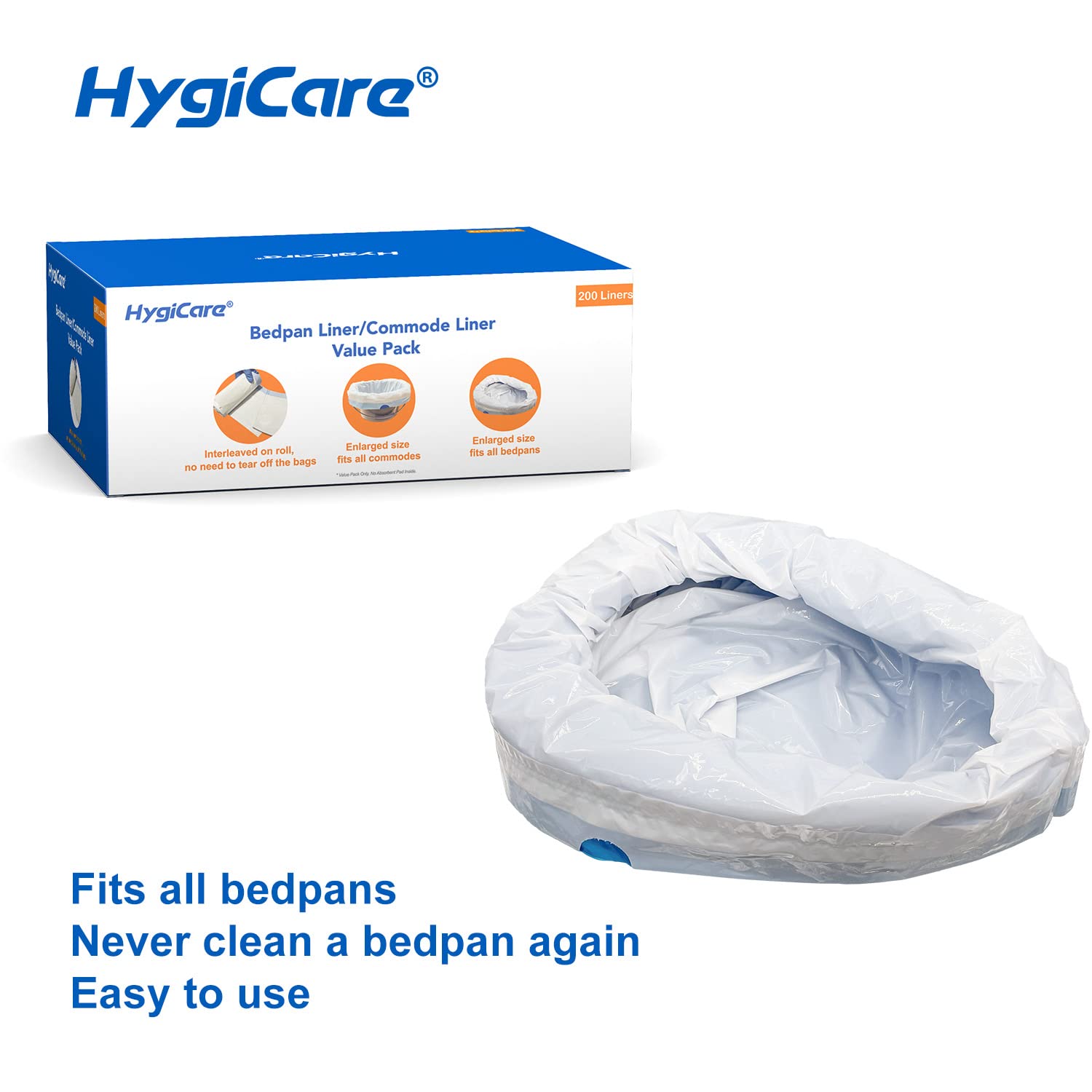 HygiCare Enlarged Bedpan and Commode Liners Value Pack 200 Count, Leakproof, Medical Grade, Portable Toilet Bag Fits All Bedpans and Commode Buckets, Interleaved Bags on Roll No Need to Tear off Bags
