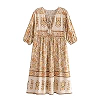 Vintage Chichalf Sleeve V Neck Beige Floral Print Tunic Dress Printed Rayon Cotton Bohemian Robe Mujer Vestidos