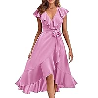 Womens Faux Wrap Midi Dress 2024 Summer Casual Short Sleeve Deep V Neck Belted Irregular Ruffle Hem A-Line Flowy Dress