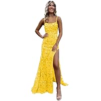 Spaghetti Straps Yellow Prom Dresses 2024 Sparkly Mermaid Sequin Evening Gowns for Women with Slit Size 0
