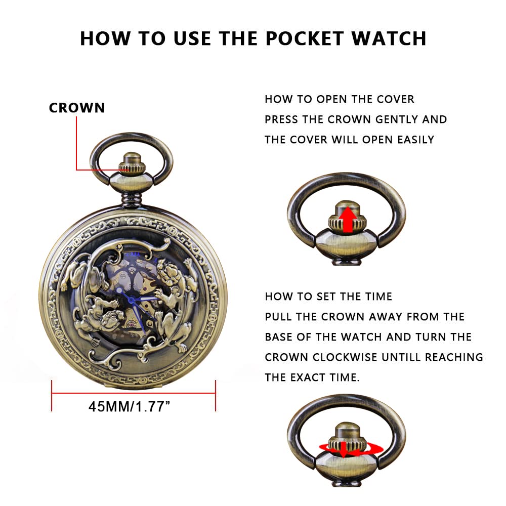 Bronze Men's Antique Mechanical Pocket Watch, Skeleton Mechanical Roman Numerals Pocket Watch with Chain + Box