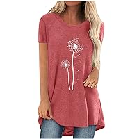Firzero Womens Summer Tops 2024 Trendy Crewneck Short Sleeve T Shirts Fashion Pleated Tunic Blouses Causal Floral Pullover