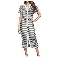 Summer Dresses for Women 2024,Women Casual Summer Dresses Short Sleeve Striped Midi Dresses Decorative Button
