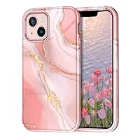 CASEFIV Compatible with iPhone 13 Case, Marble Pattern 3 in 1 Heavy Duty Shockproof Full Body Rugged Hard PC+Soft Silicone Drop Protective Girls Women Cover for iPhone 13 6.1 inch 2021, Pink White