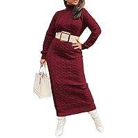 Womens Sexy High Collar Long Sleeve Solid Color Elastic Waist Knitted Long Dress(Without Belt)