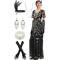 FUNDAISY Women's 1920s Inspired V Neck Gatsby Dress Long Evening Cocktail Gown with 20s Accessories