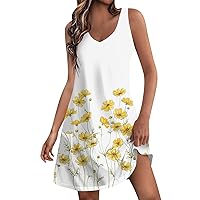 Boho Floral T Shirt Dresses 2024 Sexy Sleeveless Summer Dresses for Women UK Plus Size Short Print Tank Dress Loose Off Shoulder Smocked Beach Dress Size S M L XL 2XL 3XL
