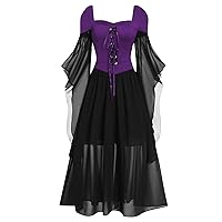 Women Casual Cold Shoulder Dress Solid Color Lace Butterfly Sleeve Halloween Retro Cocktail Party Gothic Prom Dress