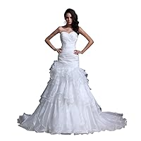 White Sweetheart Beaded Organza Wedding Gown With Tiered Ruffle Skirt