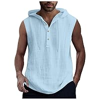 Gym Hooded Solid Cotton Tank Top for Men Cut Off Lapel Button Down Vest Breathable Muscle Bodybuilding Workout