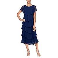 S.L. Fashions Women's Georgette Scoop Neck Tiered Midi Length Wedding Guest Dress with Beaded Shoulder Detail