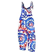 Women 4th of July 2024 Summer Jumpsuit Flag Overalls Pants Adjustable Straps Red White Blue Print Coveralls Romper