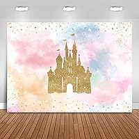Princess Castle Birthday Backdrop Watercolor Pastel Rainbow Birthday Background Gold Glitter Royal Birthday Party Cake Table Decoration Photo Booth Props (7x5ft)