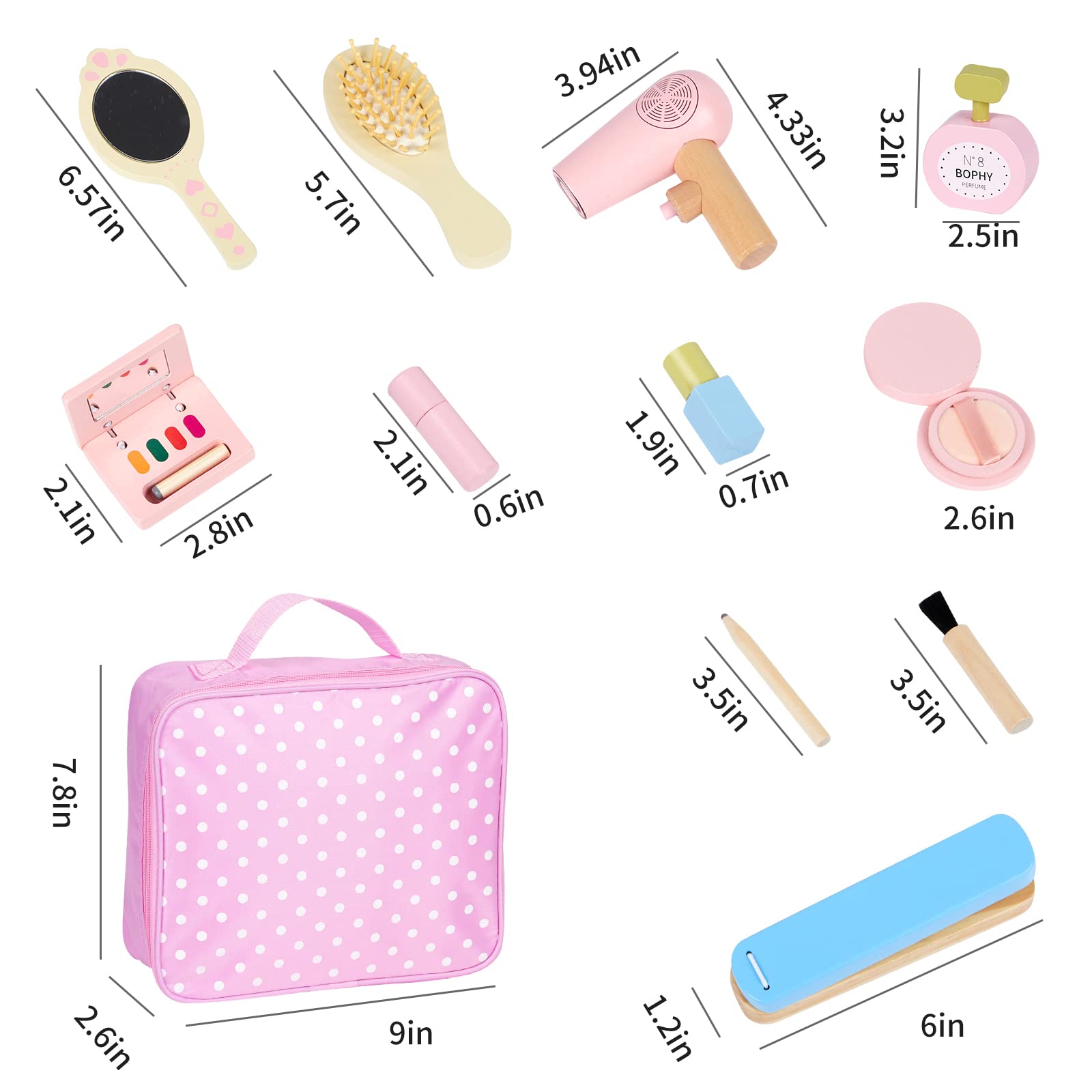 Wooden Makeup Kit Toy, Toddler Pretend Beauty Salon Set, 12PCS Makeup Playset with Hair Dryer, Mirror, Perfume and Storage Bag