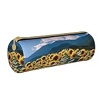 Sunflowers Over The Mountain And Field Pencil Case Bag Pouch Pu Leather Round Small Capacity Pen Pouch Storage Bag With Zipper
