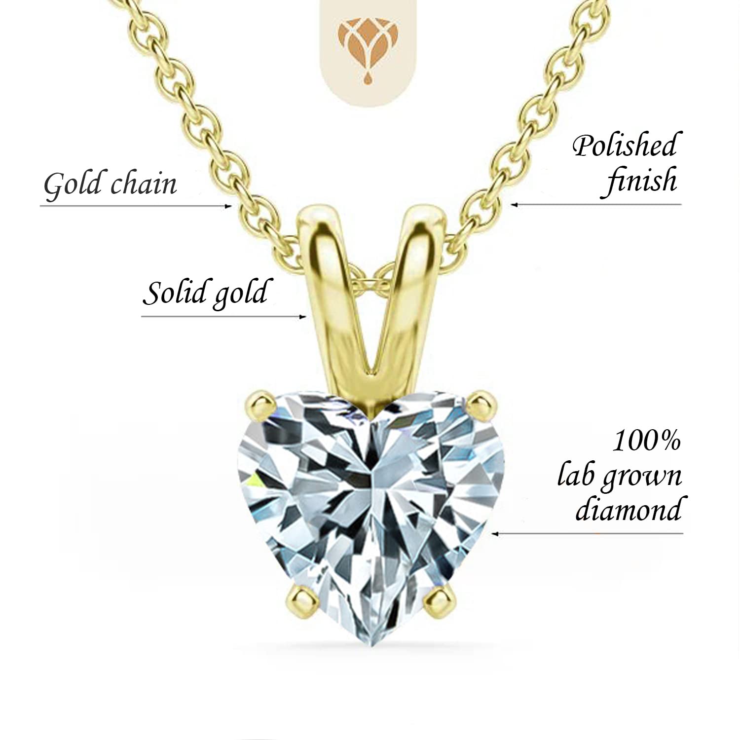 The Diamond Deal .25-1.00 Carat Heart Shape Brilliant Solitaire Lab-Grown Diamond Solitaire Pendant Necklace For Women Girls infants | 14k Yellow or White or Rose/Pink Gold With 18