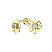 Tiny Petite CZ Accent Dainty Real 14K Yellow Gold Sunflower Daisy Flower Stud Earrings For Women Teen Secure Clutch Screw back