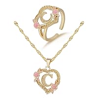A Initial Necklaces for Girls Gold Letter M Heart Pendant Flower Necklaces Initial Rings with Rose Gift Box Set