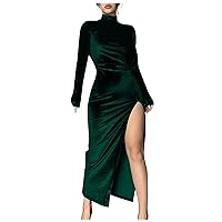 Holiday Dresses for Women Elegant Formal Solid Color High Neck Long Sleeve Maxi Dress Sexy Bodycon Smocked Empire Waist Velvet Slit Dress for Cocktail Party Evening Dinner Green S