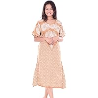 Indian 100% Cotton Women Maxi Long Dress Plus Size Mandala and Round Print Beige Color