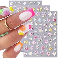 3PCS Flower Nail Art Stickers 5D Embossed Nail Decals Spring Floral Nail Sticker Self Adhesive Nail Art Supplies Three-Dimensional Frosted Small Daisy Flowers Nail Design for Women Nail Decoration