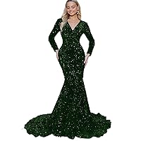 Maxi V Neck Velvet Sequins Prom Dresses with Long Sleeves 2024 Glitter Mermaid Evening Party Gown