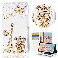 STENES Bling Wallet Phone Case Compatible with iPhone 13 Mini 5.4 inch 2021 Case - Stylish - 3D Handmade Eiffel Tower Bear Butterfly Magnetic Wallet Stand Leather Cover Case - Gold