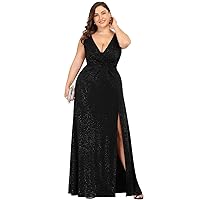 Ever-Pretty Women's V-Neck Glitter Dress Side Split Gliter Plus Size Semi Formal Dresses for Women 07505-DA
