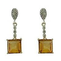 Stunning Citrine Natural Gemstone Cushion Shape Drop Dangle Engagement Earrings 925 Sterling Silver Jewelry | Yellow Gold Plated