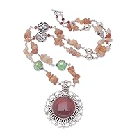 NOVICA Handmade Carnelian Pendant Necklace .925 Sterling Silver Garnet Red Beaded Indonesia Birthstone Sun [24 in L x 2 in W] 'Fiery Splendor'