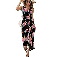 Hawaiian Honu Turtle Women's Dresses Sleeveless V-Neck Maxi Long Dress Casual Loose Beach Dress Sundress