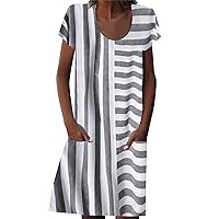 Women's Striped Short Dresses Plus Size Summer Loose Pockets Beach Sundress(Grey,X-Large)