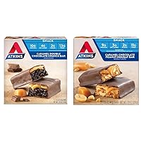 Caramel Double Chocolate Crunch and Caramel Chocolate Peanut Nougat Snack Bars, Protein Snack, High in Fiber, 2g Sugar, Keto Friendly, 5 Count Each