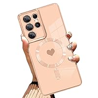 AIGOMARA Magnetic Case for Samsung Galaxy S21 Ultra [Compatible with MagSafe] Heart Design Soft TPU Electroplated Cover Anti-Scratch Shockproof Case for Galaxy S21 Ultra 6.8 Inch - Pink