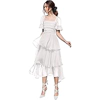 Sheer Silk Organza Ruffle Tiered Midi Dress Short Sleeves Formal Evening Wedding Guest Dress