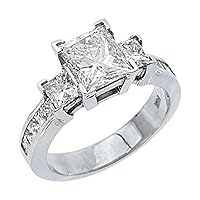 14k White Gold Princess Cut Past Present Future 3 Stone Diamond Ring 3.33 Carats