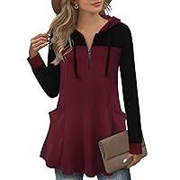Vivilli Hoodies for Women with Pockets,Long Sleeve Fall Tunics Casual Work Zip Up Thin Swing Sweater Women's Long Plus Size Petite Cotton Winter Flowy Tops Pullover Wine_2 XX-Large