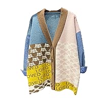 Long Sleeve V-Neck Patchwork Knit Coat Denim Spliced Knitted Sweater Jacket Women Autumn Loose Sweaters