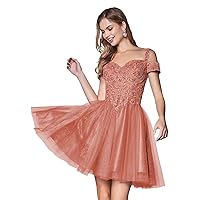 Women's Lace Appliques Short Homecoming Dresses 2023 Cold Shoulder Glitter Tulle Cocktail Party Gowns