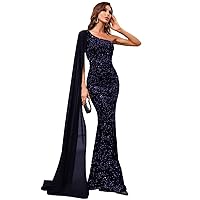 Womens Fall Fashion 2022 One Shoulder Contrast Mesh Cloak Sleeve Sequins Prom Dress (Color : Purple, Size : Small)