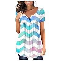 Fashion Plus Size Short Sleeve Blouses Ladies Summer Dinner Henley Flairy Tops Women Thin Cozy Softest Gradient