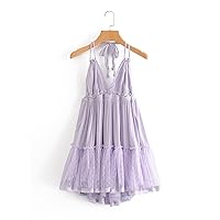 Fall Dresses for Women 2023 Dobby Mesh Self-Tie Ruffled Halter Dress Dresses for Women (Color : Purple, Size : Large)