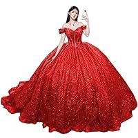 Women's Off Shoulder Quinceanera Dresses Puffy Sparkly Tulle Prom Ball Gowns Long Sweet 15 16 Dresses with Train