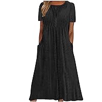 Womens Short Petal Sleeve V Neck Eyelet Crochet Midi Dress with Pockets Trendy Elegant Sexy Casual Summer Sundresses