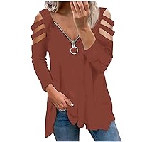 Women Casual T-Shirt Loose Fit Short Sleeve Zipper Tops V Neck Cut Out Rhinestone Tunic Tee Sexy Cold Shoulder Blouse