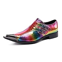 Mens Rainbow Dress Loafers Buckle Comfortable Metal Cap Toe Church Style Wedding Party Travel Shoes for Men