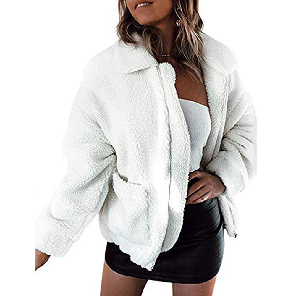 Comeon Women's Coat Casual Lapel Fleece Fuzzy Faux Shearling Zipper Coats Warm Winter Oversized Outwear Jackets